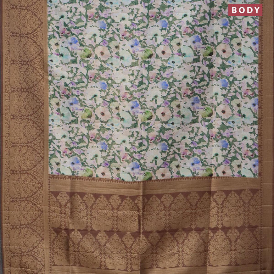 Banarasi softy silk saree dark green with allover zari weaves & floral digital prints and long zari woven border - {{ collection.title }} by Prashanti Sarees