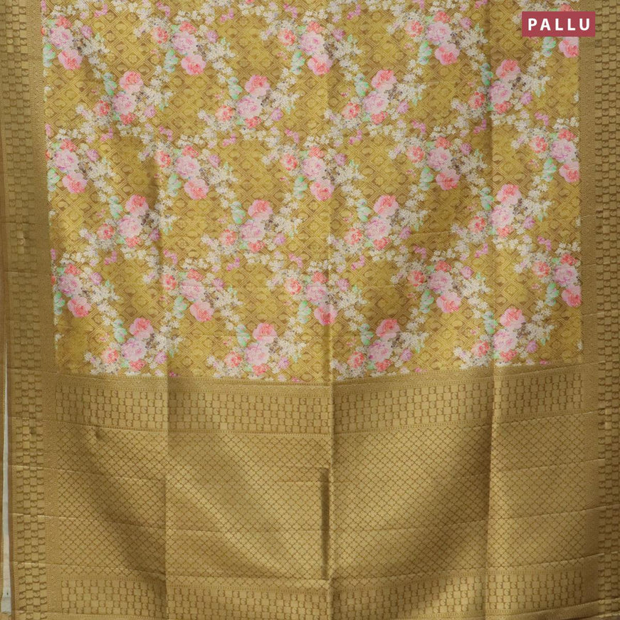 Banarasi softy silk saree dark mustard and mehendi green with allover zari weaves & floral digital prints and zari woven border - {{ collection.title }} by Prashanti Sarees