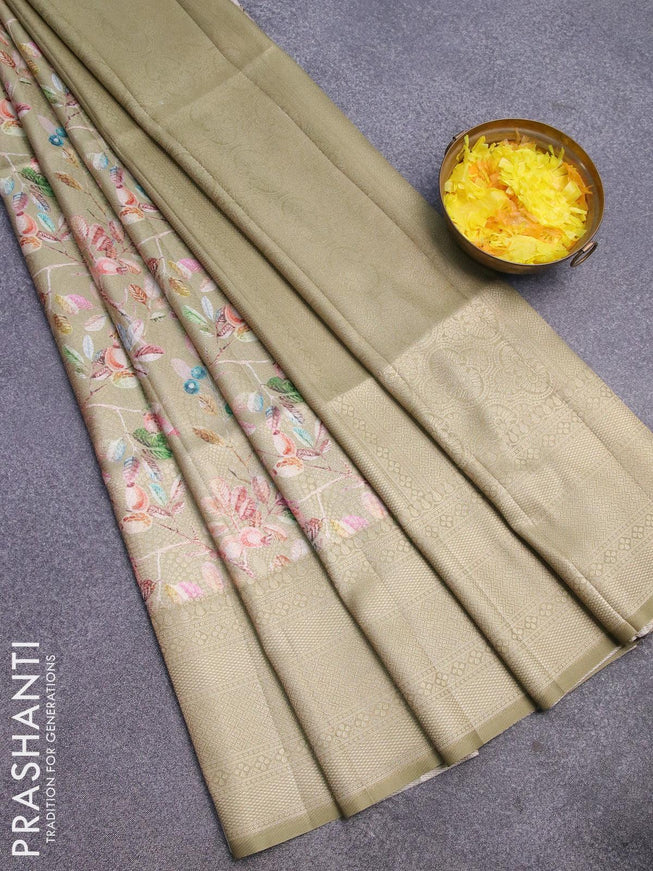 Banarasi softy silk saree elaichi green with allover zari weaves & floral digital prints and zari woven border - {{ collection.title }} by Prashanti Sarees