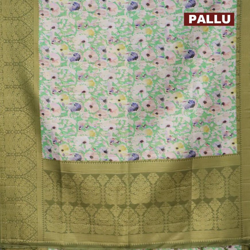 Banarasi softy silk saree green and mehendi green with allover zari weaves & floral digital prints and long zari woven border - {{ collection.title }} by Prashanti Sarees