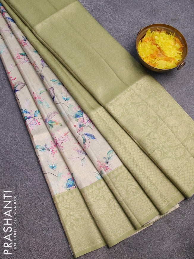 Banarasi softy silk saree mild pastel green and pastel green with allover zari weaves & floral digital prints and zari woven border - {{ collection.title }} by Prashanti Sarees