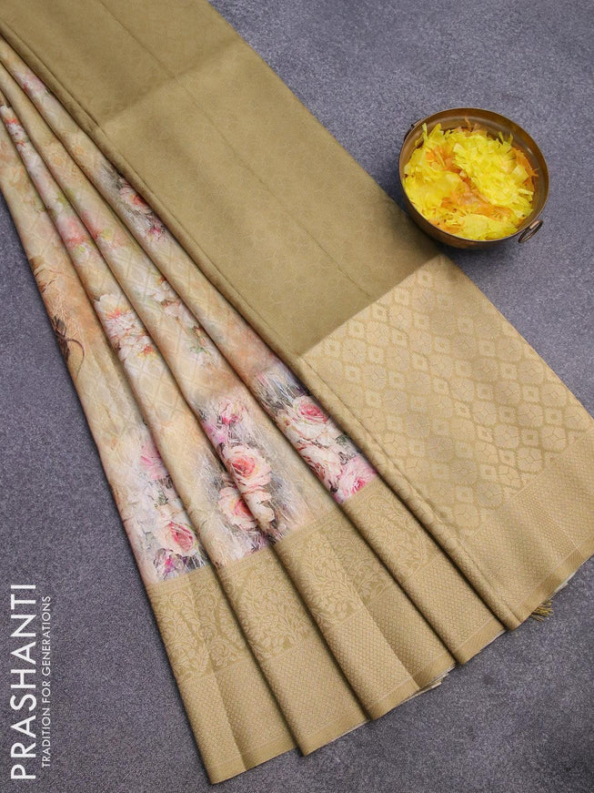 Banarasi softy silk saree multi colour and khaki shade with allover zari weaves & floral digital prints and long zari woven border - {{ collection.title }} by Prashanti Sarees