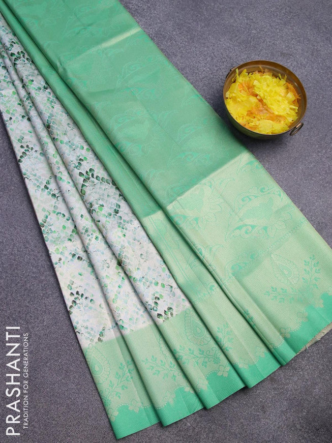 Banarasi softy silk saree off white and green with allover zari weaves & geometric digital prints and zari woven border - {{ collection.title }} by Prashanti Sarees