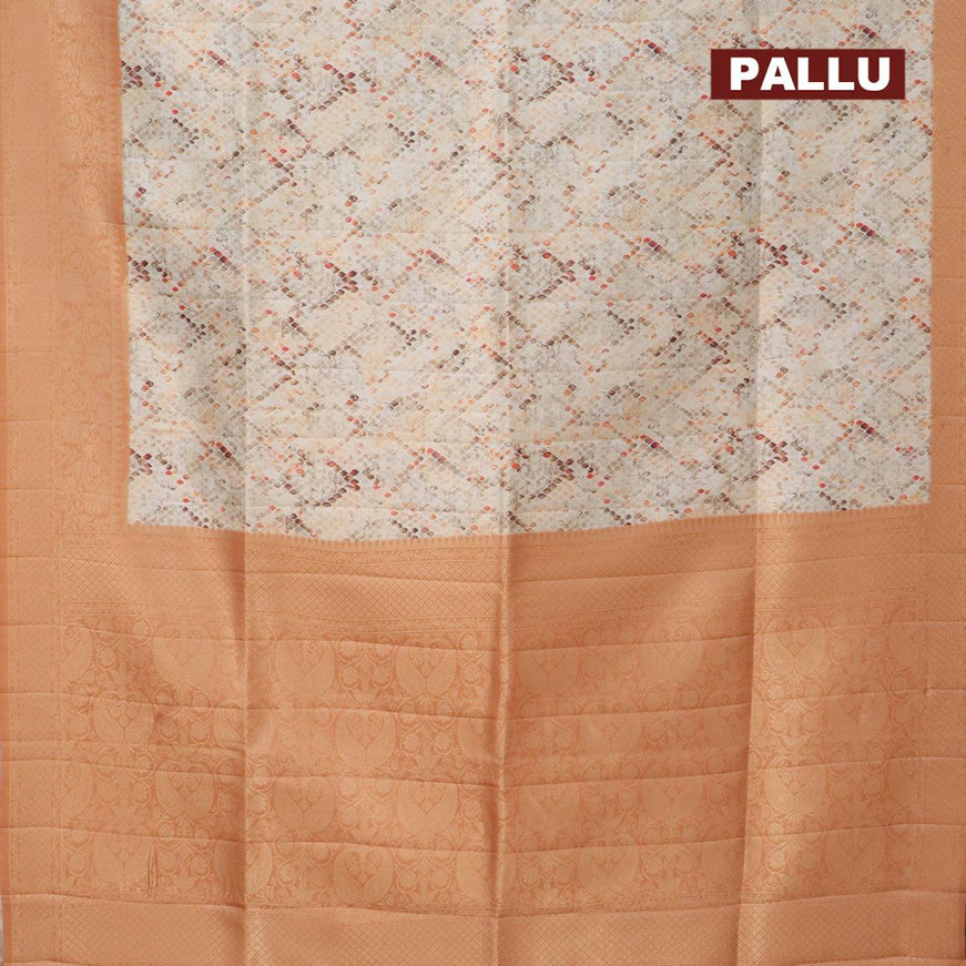 Banarasi softy silk saree off white and rustic orange with allover zari weaves & geometric digital prints and zari woven border - {{ collection.title }} by Prashanti Sarees