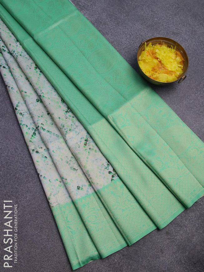 Banarasi softy silk saree off white and teal green with allover zari weaves & geometric digital prints and zari woven border - {{ collection.title }} by Prashanti Sarees