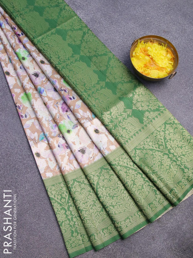 Banarasi softy silk saree pastel brown and green with allover zari weaves & floral digital prints and long zari woven border - {{ collection.title }} by Prashanti Sarees
