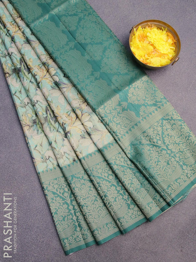 Banarasi softy silk saree pastel green and dark green with allover zari weaves & floral digital prints and long zari woven border - {{ collection.title }} by Prashanti Sarees