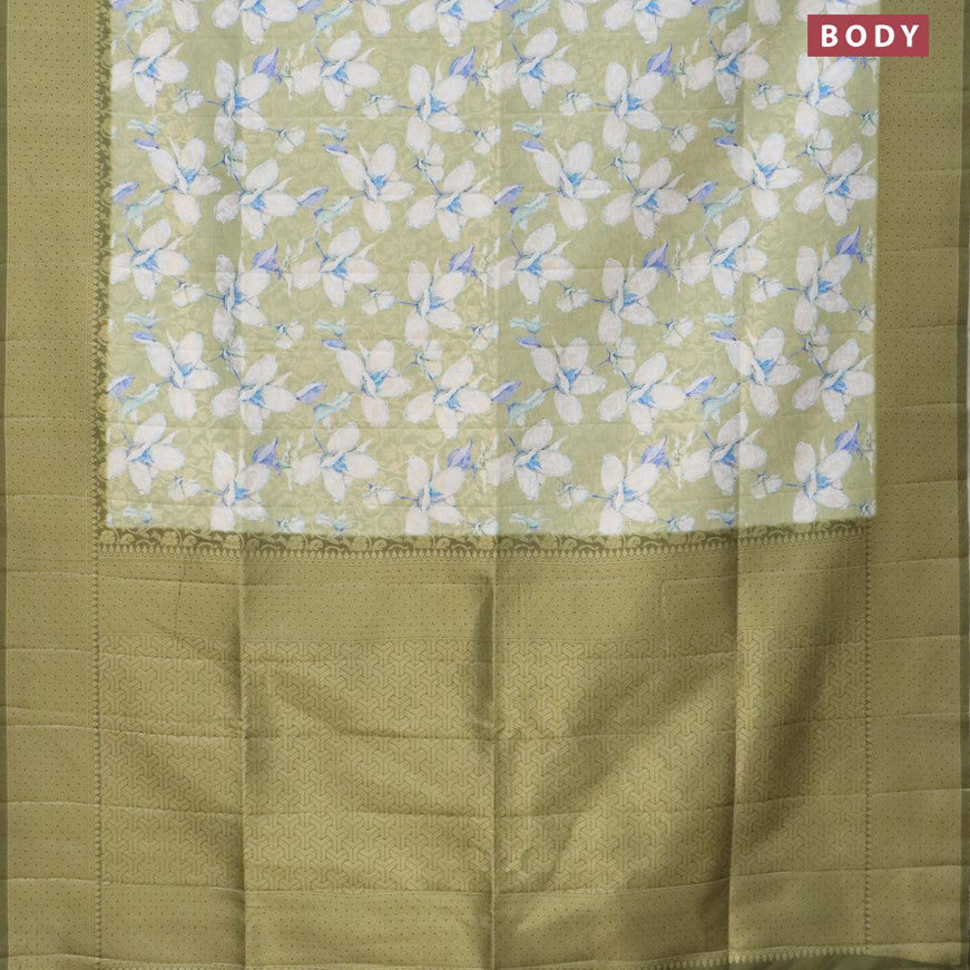 Banarasi softy silk saree pastel green and mehendi green with allover zari weaves & floral digital prints and zari woven border - {{ collection.title }} by Prashanti Sarees