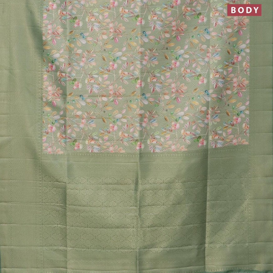 Banarasi softy silk saree pastel green with allover zari weaves & floral digital prints and zari woven border - {{ collection.title }} by Prashanti Sarees