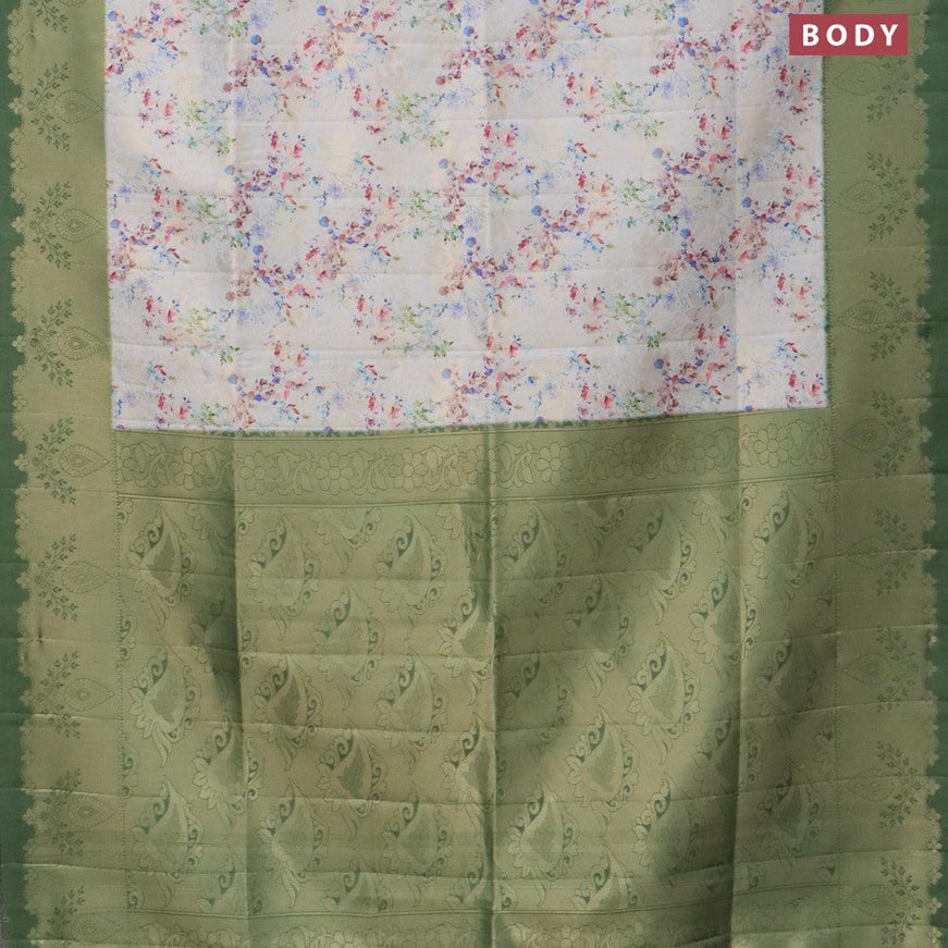 Banarasi softy silk saree pastel grey and dark green with allover zari weaves & floral digital prints and zari woven border - {{ collection.title }} by Prashanti Sarees