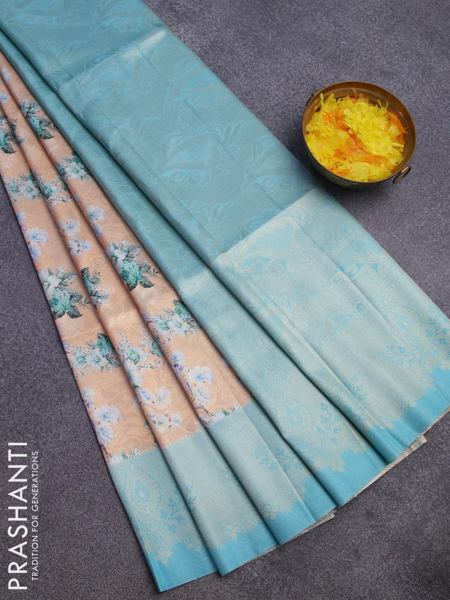 Banarasi softy silk saree pastel peach shade and teal blue with allover zari weaves & floral digital prints and zari woven border - {{ collection.title }} by Prashanti Sarees