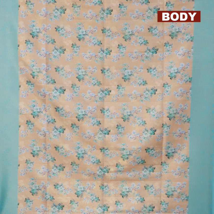 Banarasi softy silk saree pastel peach shade and teal blue with allover zari weaves & floral digital prints and zari woven border - {{ collection.title }} by Prashanti Sarees