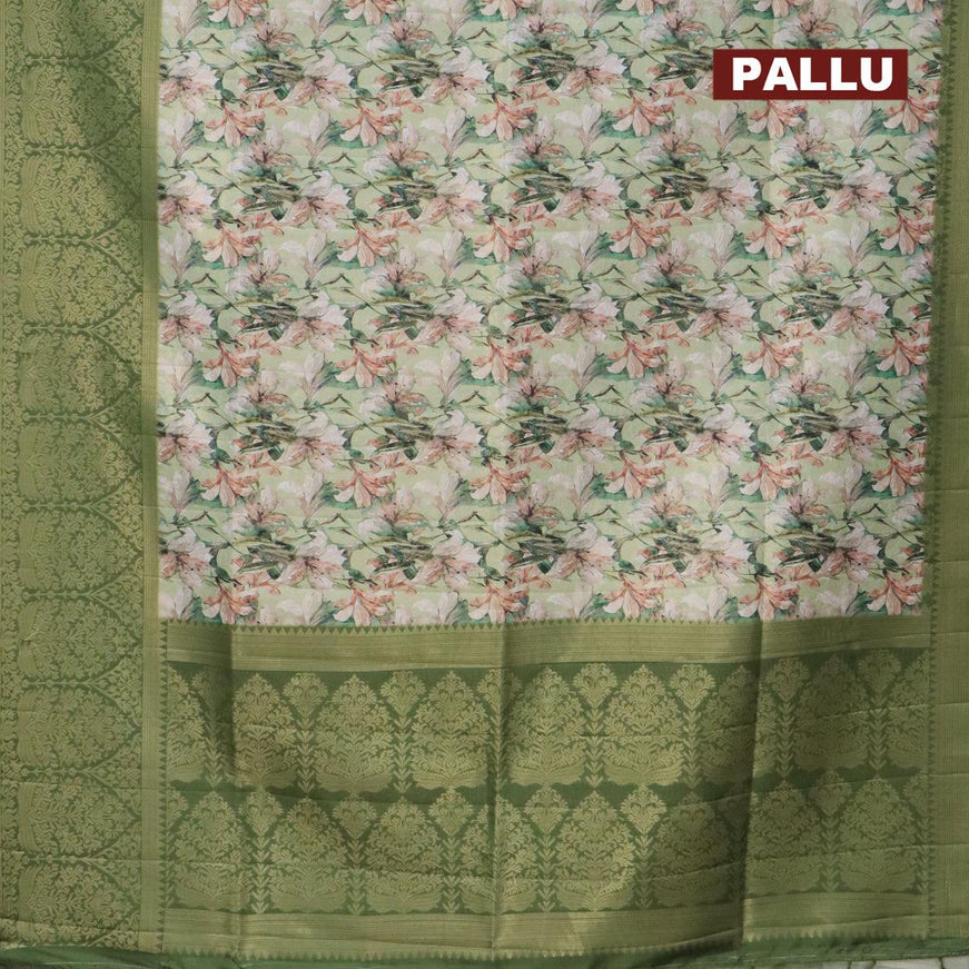Banarasi softy silk saree pista green and dark green with allover zari weaves & floral digital prints and long zari woven border - {{ collection.title }} by Prashanti Sarees
