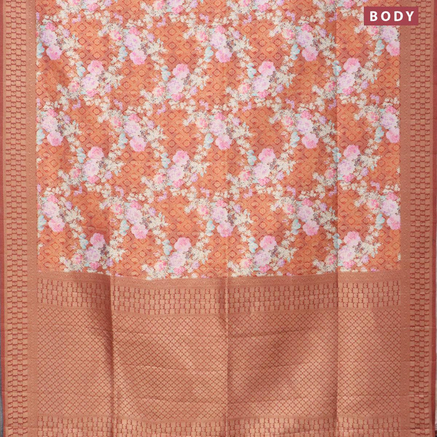 Banarasi softy silk saree rustic orange and rust shade with allover zari weaves & floral digital prints and zari woven border - {{ collection.title }} by Prashanti Sarees