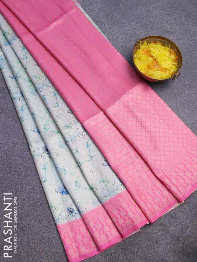 Banarasi softy silk saree teal blue and pink with allover zari weaves & floral digital prints and zari woven border - {{ collection.title }} by Prashanti Sarees
