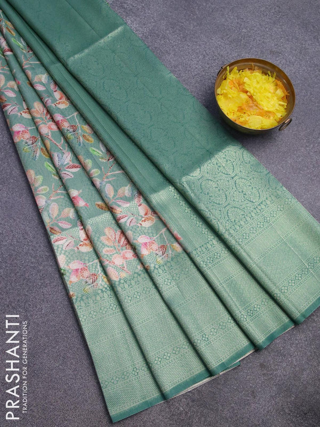 Banarasi softy silk saree teal blue shade with allover zari weaves & floral digital prints and zari woven border - {{ collection.title }} by Prashanti Sarees