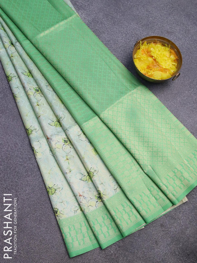 Banarasi softy silk saree teal green shade and green with allover zari weaves & floral digital prints and zari woven border - {{ collection.title }} by Prashanti Sarees