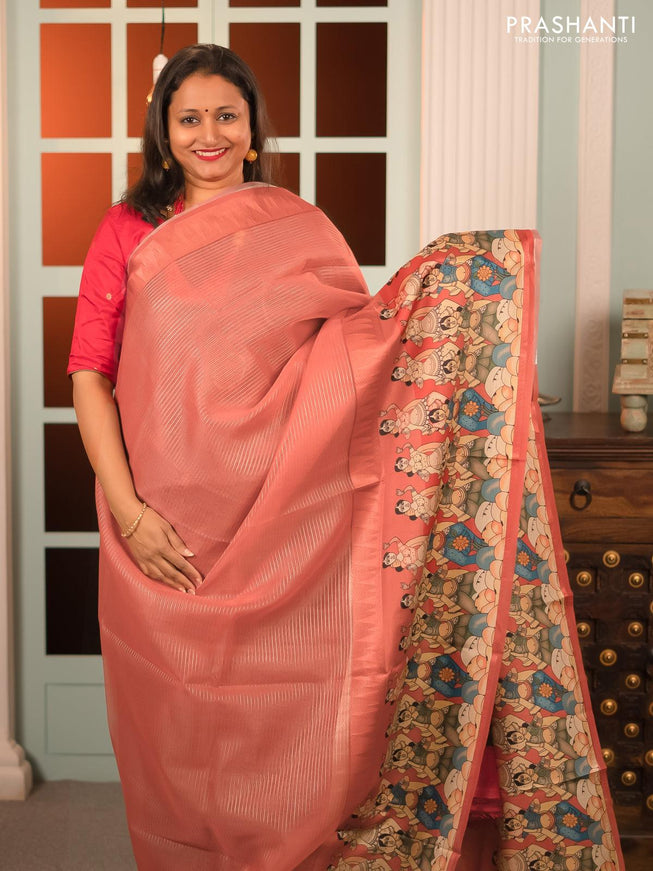 Banarasi tissue organza saree maroon shade with plain body and kalamkari printed border - {{ collection.title }} by Prashanti Sarees