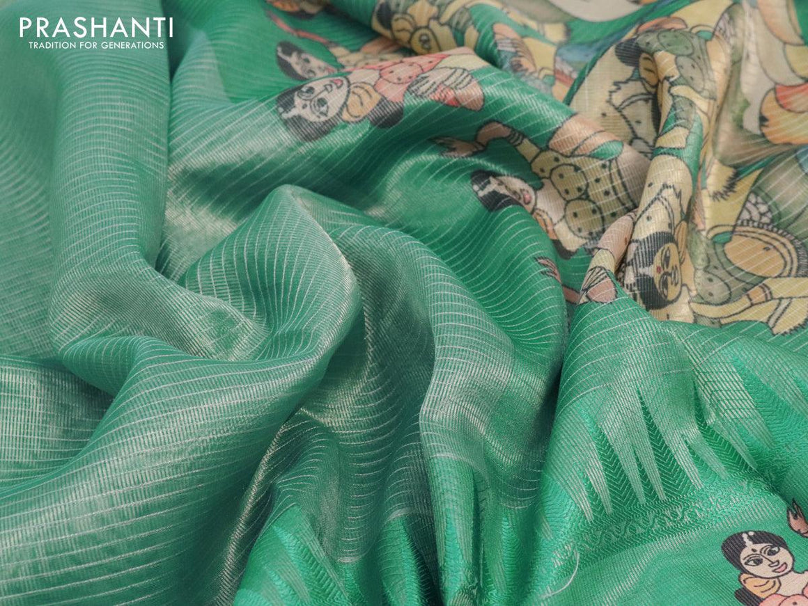 Banarasi tissue organza saree teal green with plain body and kalamkari printed border - {{ collection.title }} by Prashanti Sarees