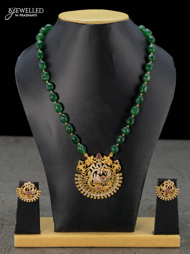 Beaded green necklace kemp and cz stones with peacock pendant - {{ collection.title }} by Prashanti Sarees