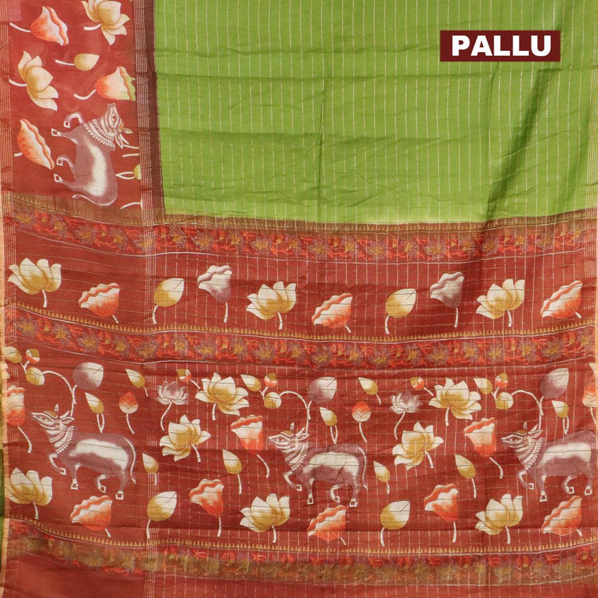Bhagalpuri saree light green and rust shade with allover zari woven stripes pattern and pichwai printed border - {{ collection.title }} by Prashanti Sarees