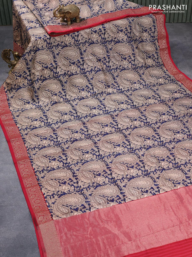 Chanderi silk cotton saree blue and maroon with allover kalamkari prints and woven border - {{ collection.title }} by Prashanti Sarees