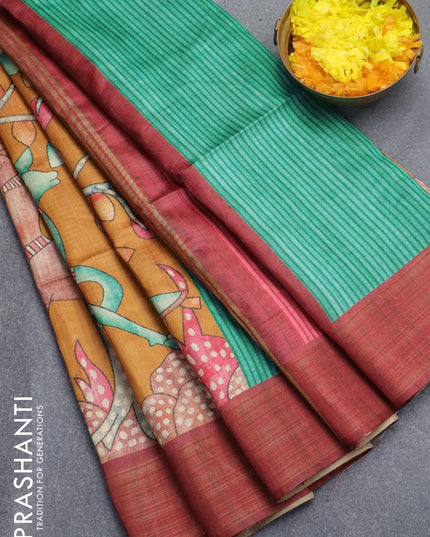Chappa saree mustard yellow and maroon shade with allover kalamkari prints and zari woven border - {{ collection.title }} by Prashanti Sarees