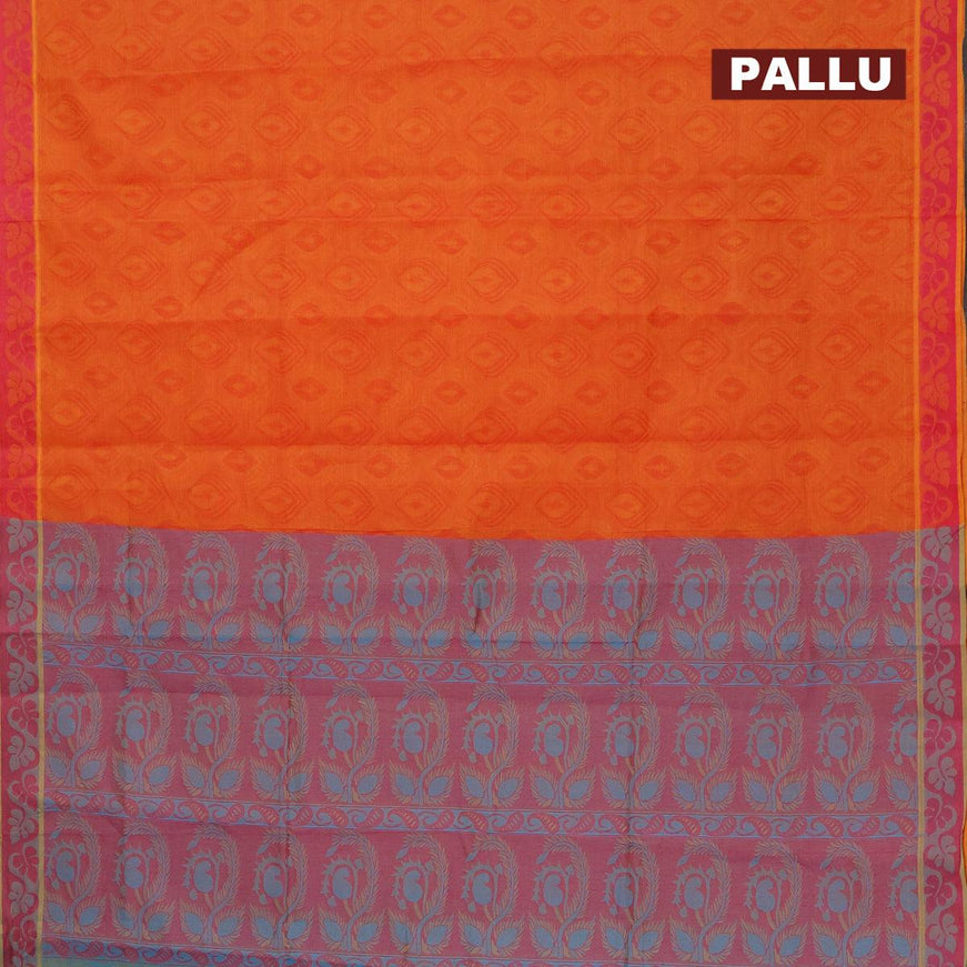 Coimbatore cotton saree sunset orange and dual shade of blue with allover self emboss and thread woven border - {{ collection.title }} by Prashanti Sarees