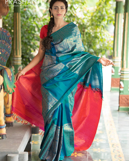 Dha - Pure kanjivaram silk saree teal torquise blue and dual shade of pink with zari woven box pattern weaves in borderless style - {{ collection.title }} by Prashanti Sarees