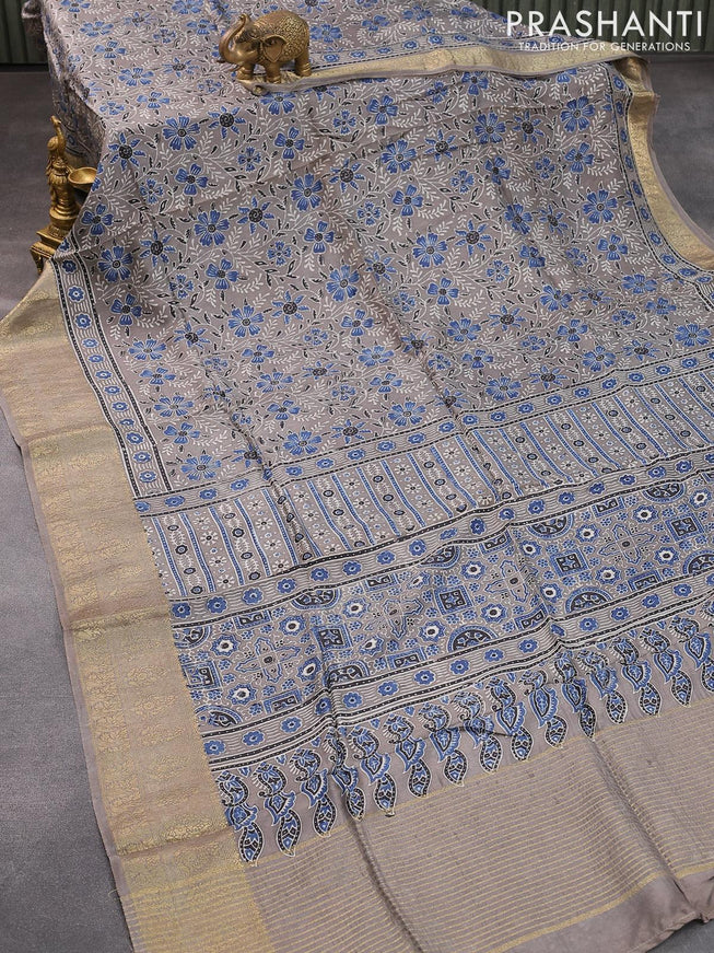 Dola silk saree grey with allover ajrakh prints and zari woven floral border - {{ collection.title }} by Prashanti Sarees