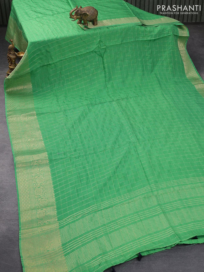 Dola silk saree light green and dark peacock blue with allover zari checked pattern and rich zari woven border - {{ collection.title }} by Prashanti Sarees