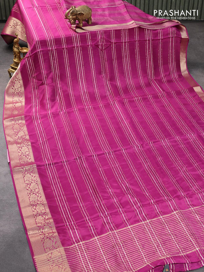 Dola silk saree magenta pink and elephant grey with allover zari woven stripes pattern and rich zari woven border - {{ collection.title }} by Prashanti Sarees