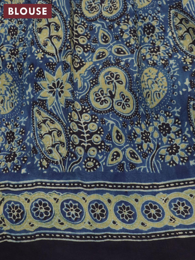 Dola silk saree peacock blue with allover ajrakh prints and zari woven floral border - {{ collection.title }} by Prashanti Sarees