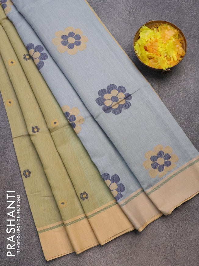 Jamdhani cotton saree elaichi green and grey shade with thread woven buttas and contrast border - {{ collection.title }} by Prashanti Sarees