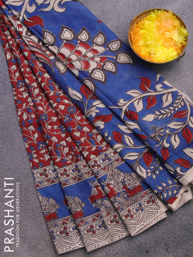 Kalamkari semi silk saree maroon and blue with allover prints and printed border - {{ collection.title }} by Prashanti Sarees