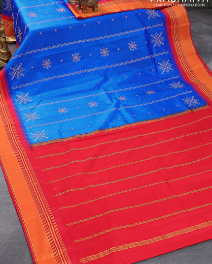 Kanjivaram silk saree royal blue and red with allover embroidery kasuti work and temple design zari woven border - {{ collection.title }} by Prashanti Sarees