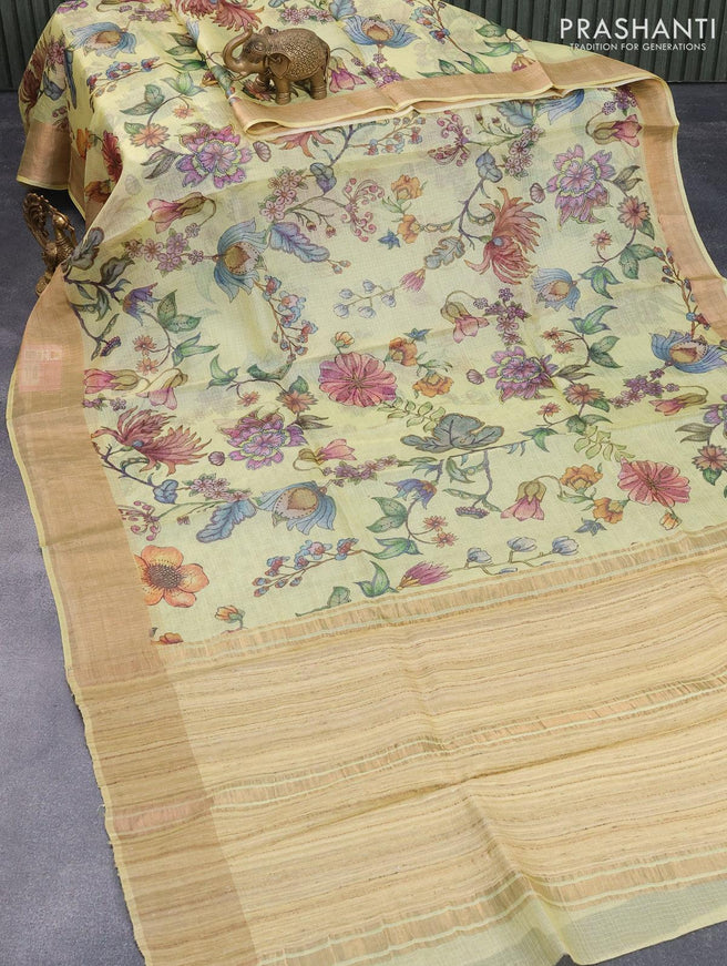 Kota tussar silk saree pale yellow with floral digital prints and zari woven border - {{ collection.title }} by Prashanti Sarees