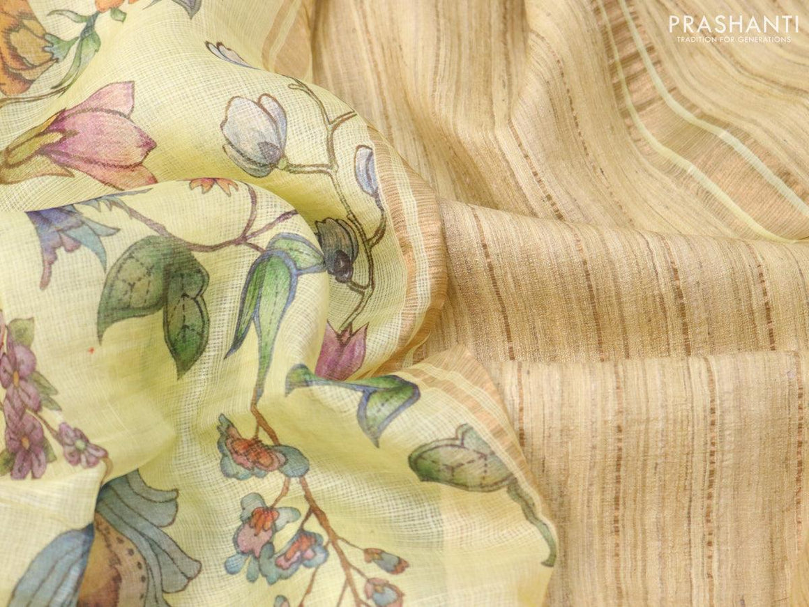 Kota tussar silk saree pale yellow with floral digital prints and zari woven border - {{ collection.title }} by Prashanti Sarees