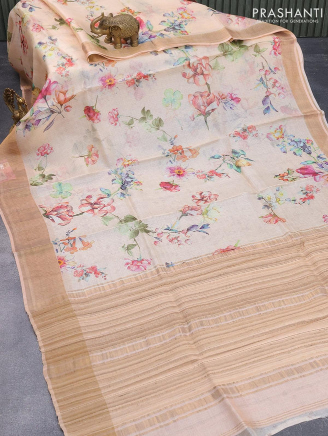 Kota tussar silk saree peach shade with floral digital prints and zari woven border - {{ collection.title }} by Prashanti Sarees