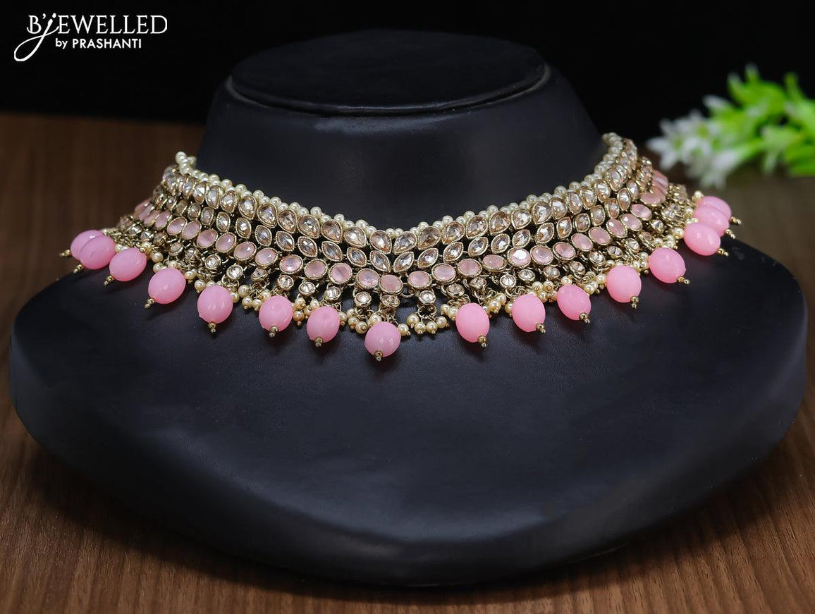 Kundan necklace baby pink beads & guttapusulu with maang tikka & earring - {{ collection.title }} by Prashanti Sarees