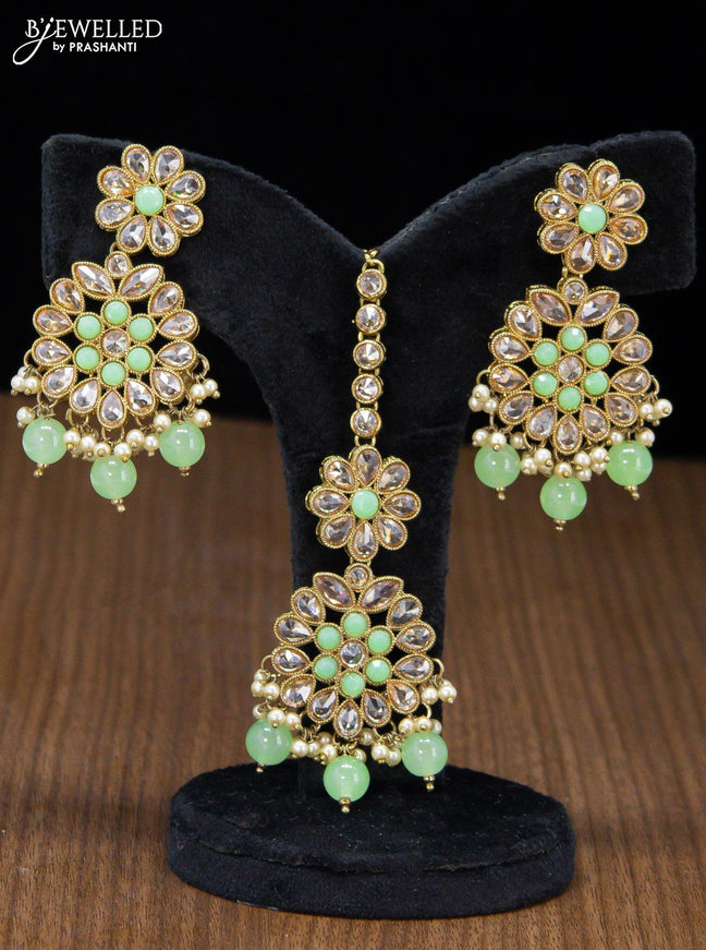 Kundan necklace with mint green beads and maang tikka - {{ collection.title }} by Prashanti Sarees
