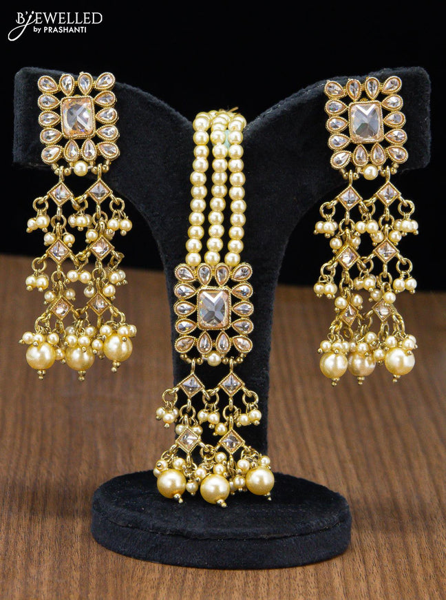 Kundan necklace with pearl hangings and maang tikka - {{ collection.title }} by Prashanti Sarees