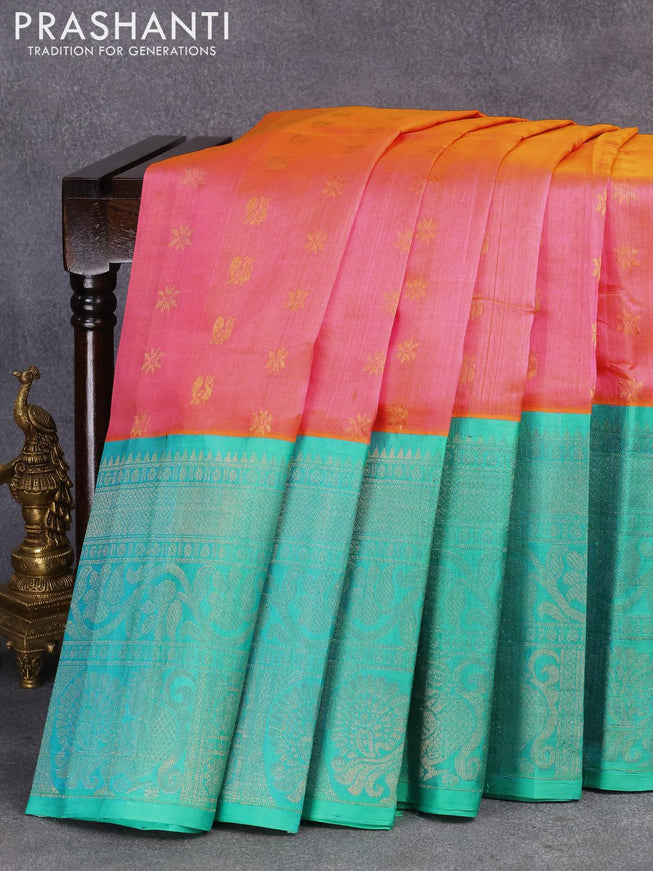 Kuppadam silk cotton saree dual shade of pinkish yellow and teal blue with allover zari woven buttas and long rich zari woven border - {{ collection.title }} by Prashanti Sarees