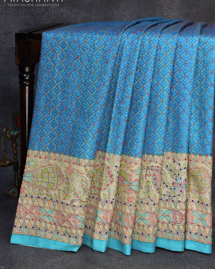Madhubani printed silk saree cs blue and cream with allover kantha stitch work and french knot work pallu - {{ collection.title }} by Prashanti Sarees