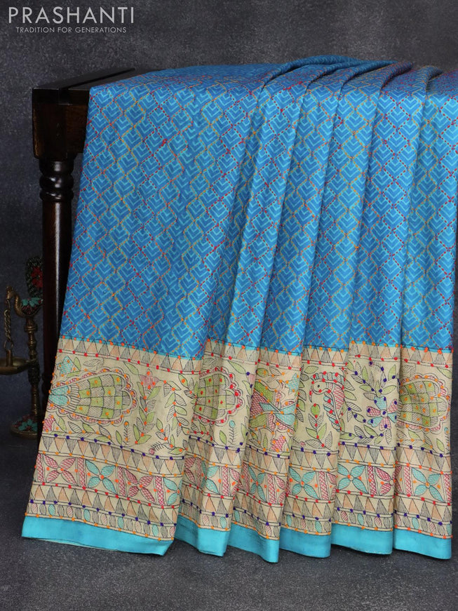 Madhubani printed silk saree cs blue and cream with allover kantha stitch work and french knot work pallu - {{ collection.title }} by Prashanti Sarees