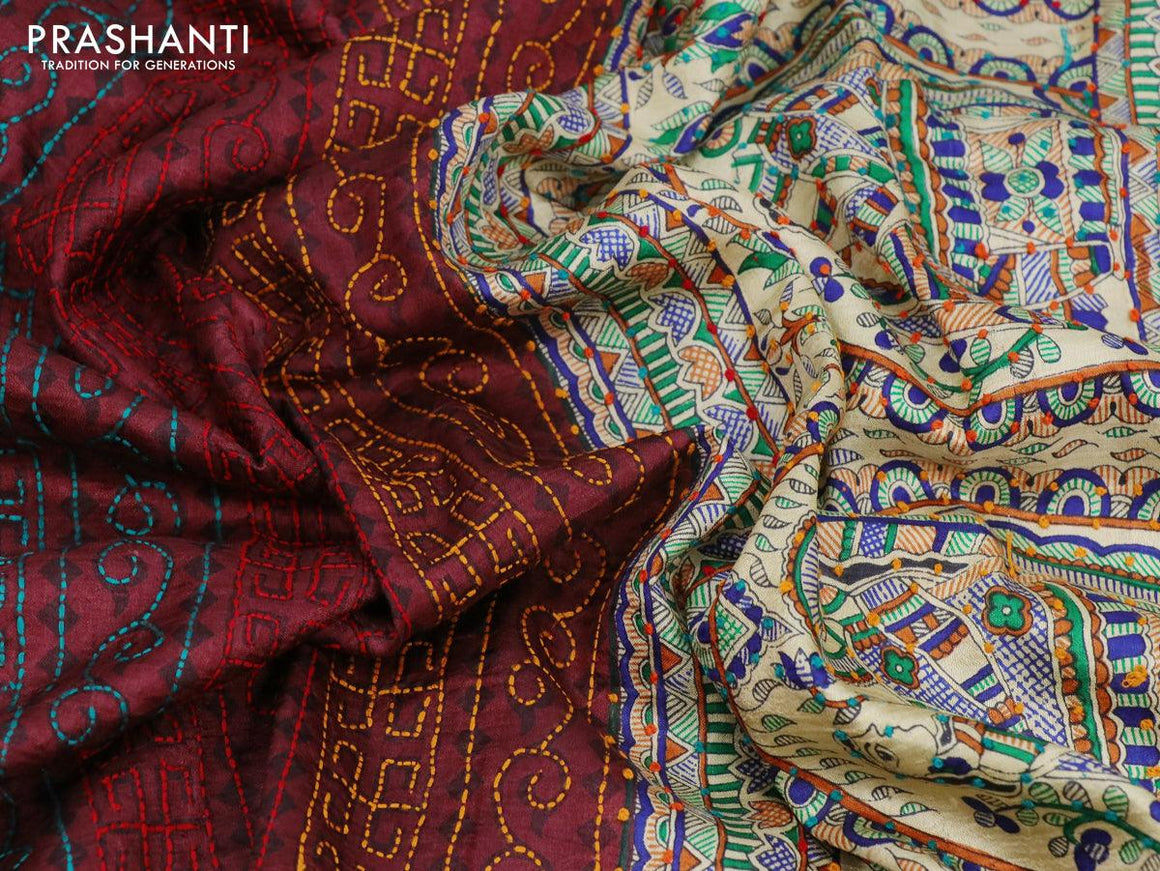 Madhubani printed silk saree deep maroon and cream with allover kantha stitch work and french knot work pallu - {{ collection.title }} by Prashanti Sarees