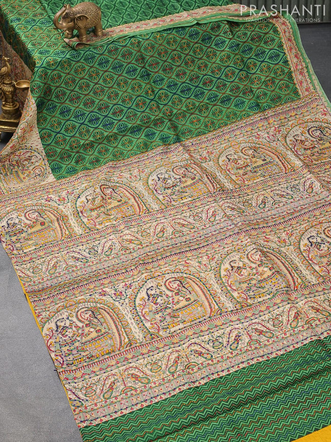 Madhubani printed silk saree green and cream with allover kantha stitch work and french knot work pallu - {{ collection.title }} by Prashanti Sarees