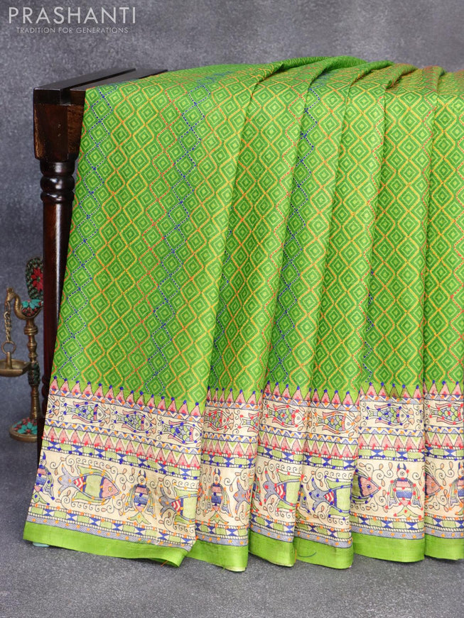 Madhubani printed silk saree light green and cream with allover kantha stitch work and french knot work pallu - {{ collection.title }} by Prashanti Sarees