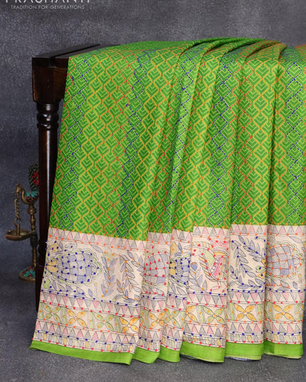 Madhubani printed silk saree light green and cream with allover kantha stitch work and french knot work pallu - {{ collection.title }} by Prashanti Sarees