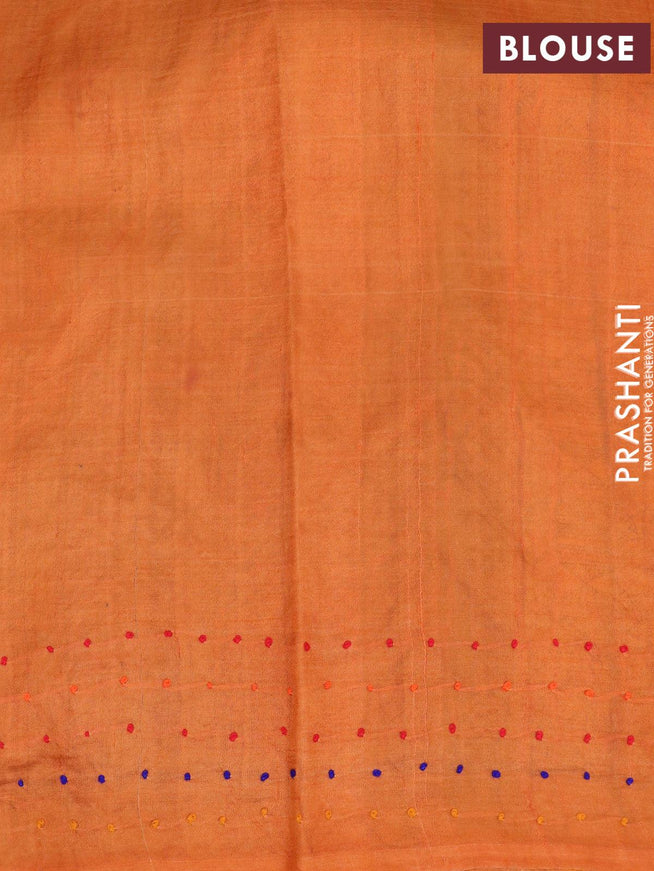 Madhubani printed silk saree mehendi green and cream with allover kantha stitch work and french knot work pallu - {{ collection.title }} by Prashanti Sarees